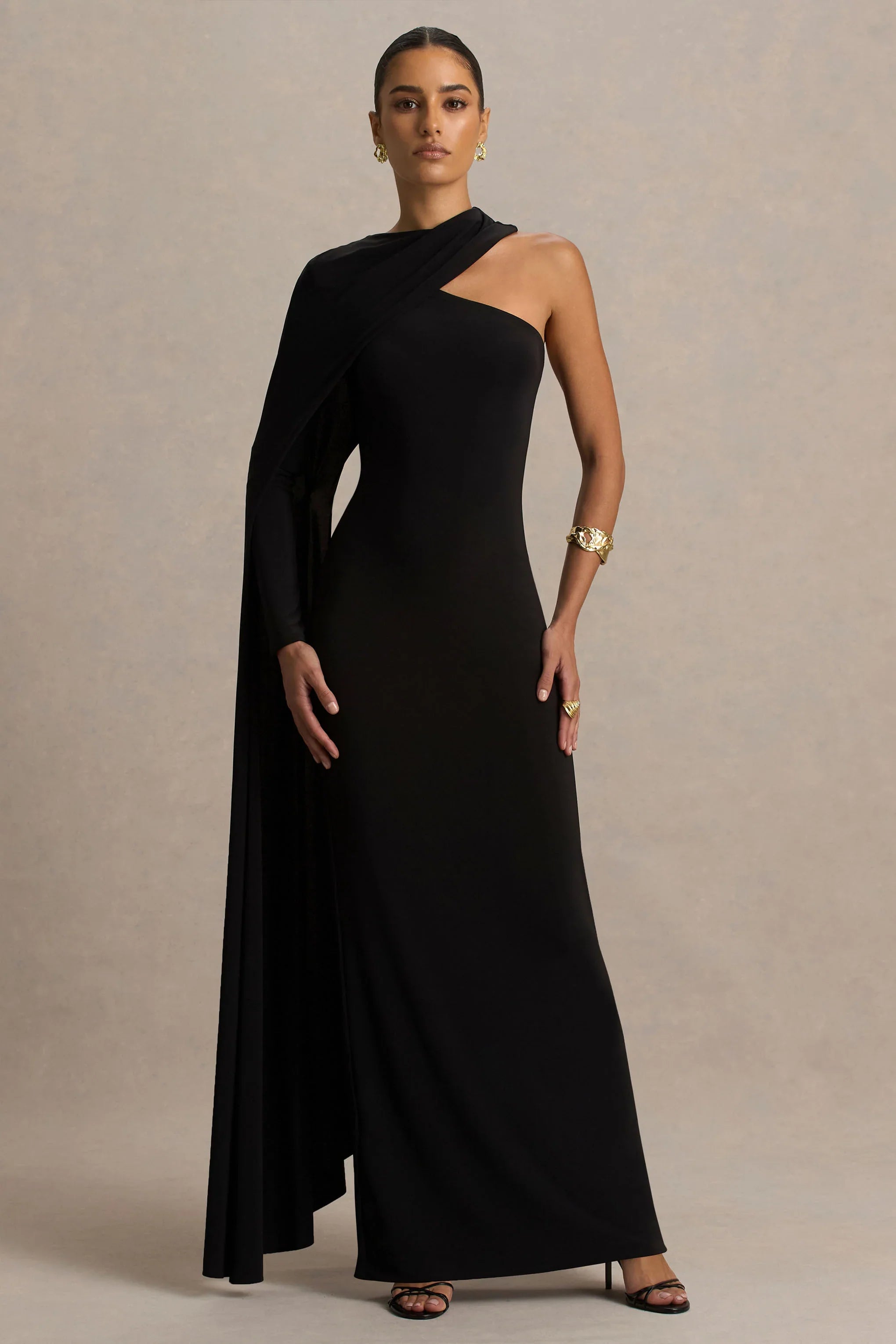 Dawn Black High Neck Maxi Dress With One Long Cape Sleeve