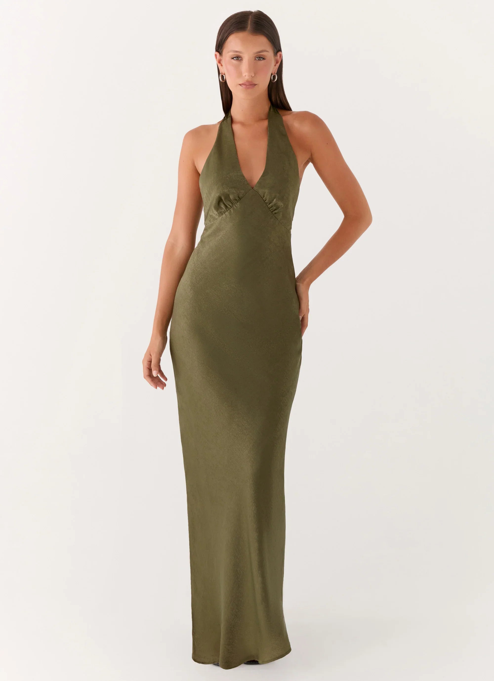 Heavy Hearted Satin Maxi Dress Khaki