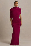 Glitz Burgundy High Neck Maxi Dress With Cape Sleeve and Ruched Detailing