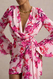 Goldie Pink Floral Print Chiffon Long Sleeve Wrap Mini Dress
