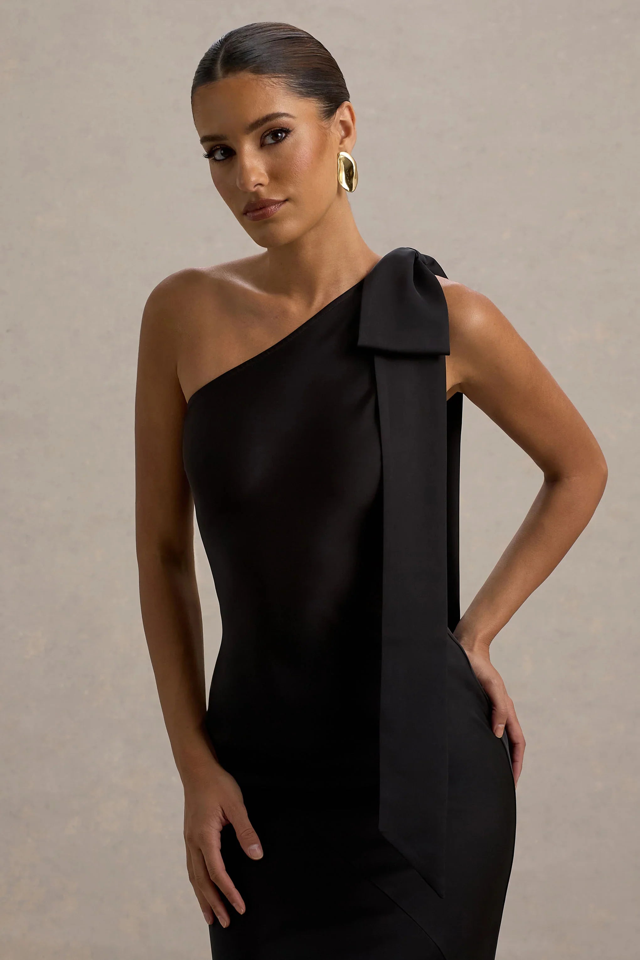 Here For Love Black Satin Asymmetric Maxi Dress With Bow