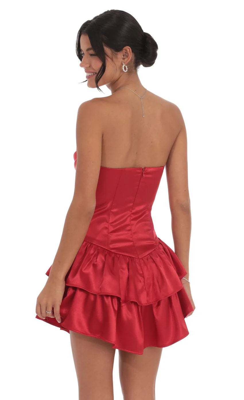 Satin Corset Strapless Dress in Red