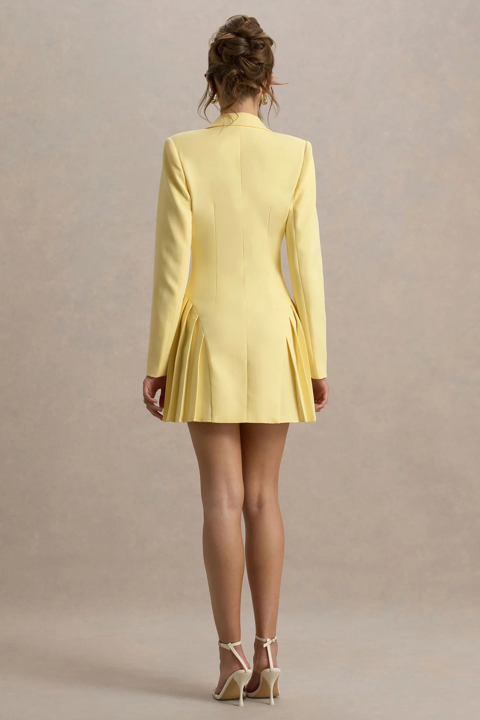 Blossoming Lemon Plunge Neck Tailored Mini Dress With Pleating