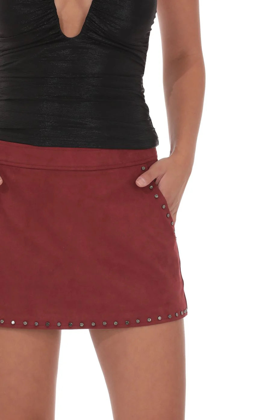 Studded Suede Skirt in Maroon