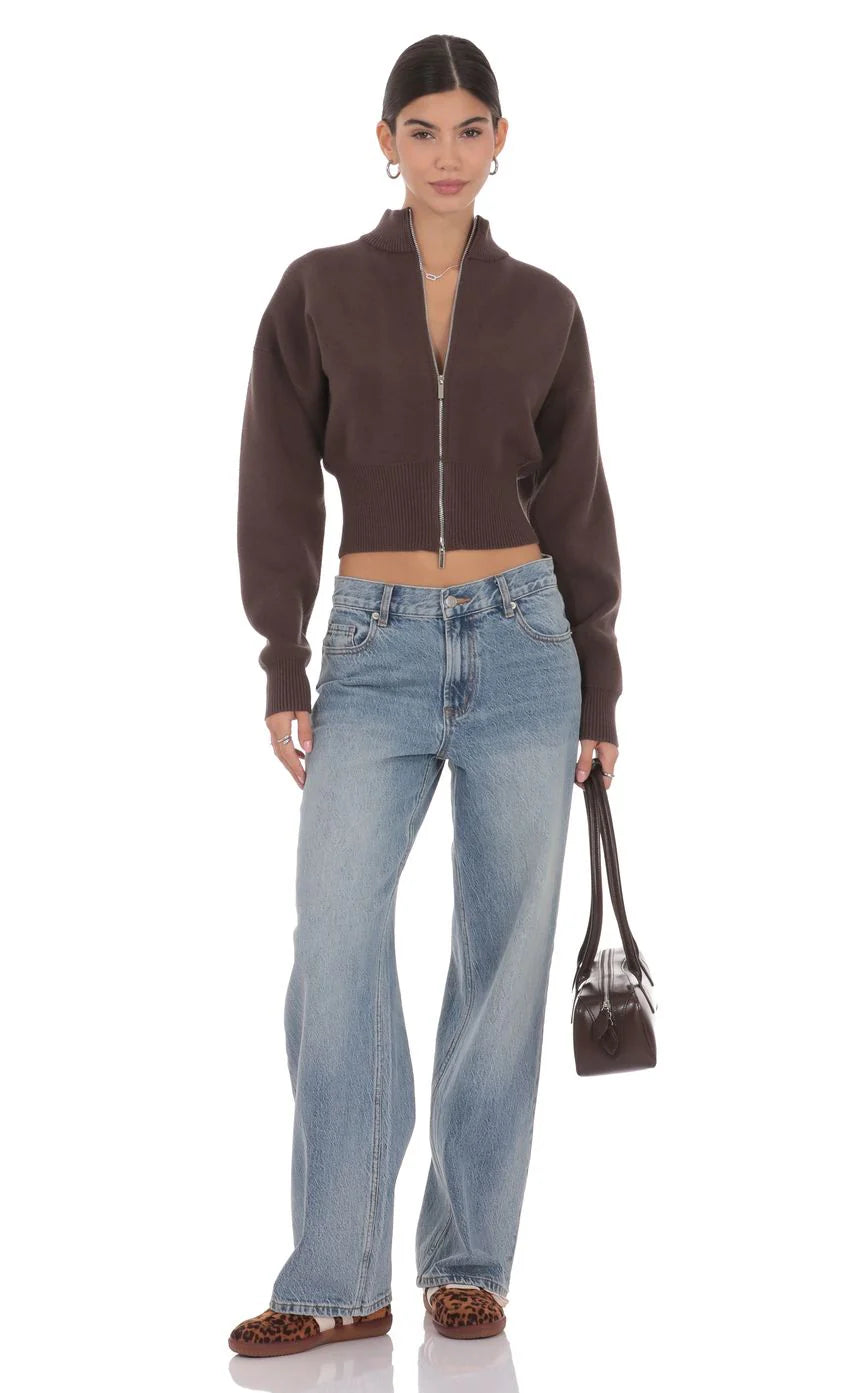 Knit Mock Neck Zip Up Cardigan in Brown