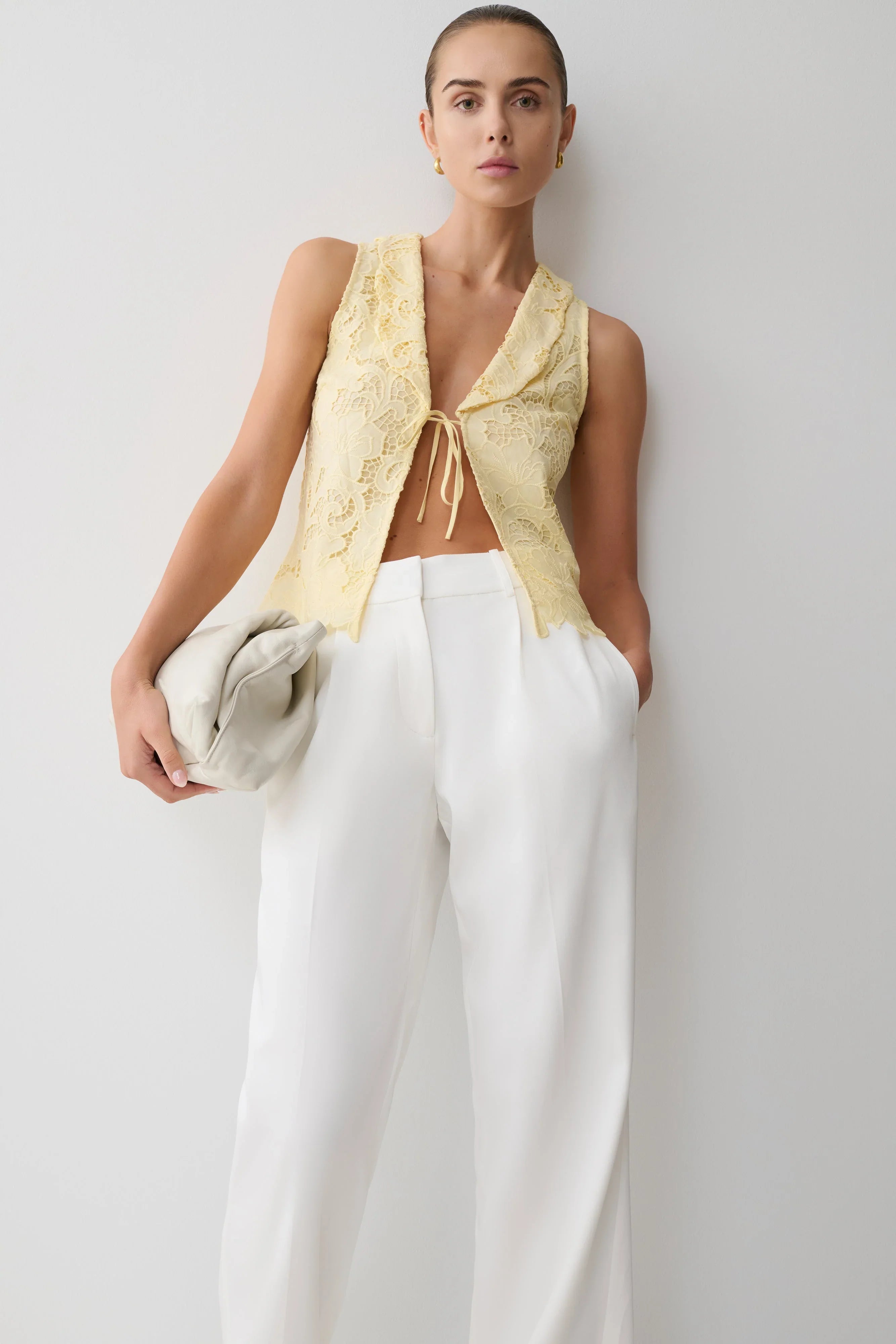Tessa Broderie Tie Front Sleeveless Top Lemon