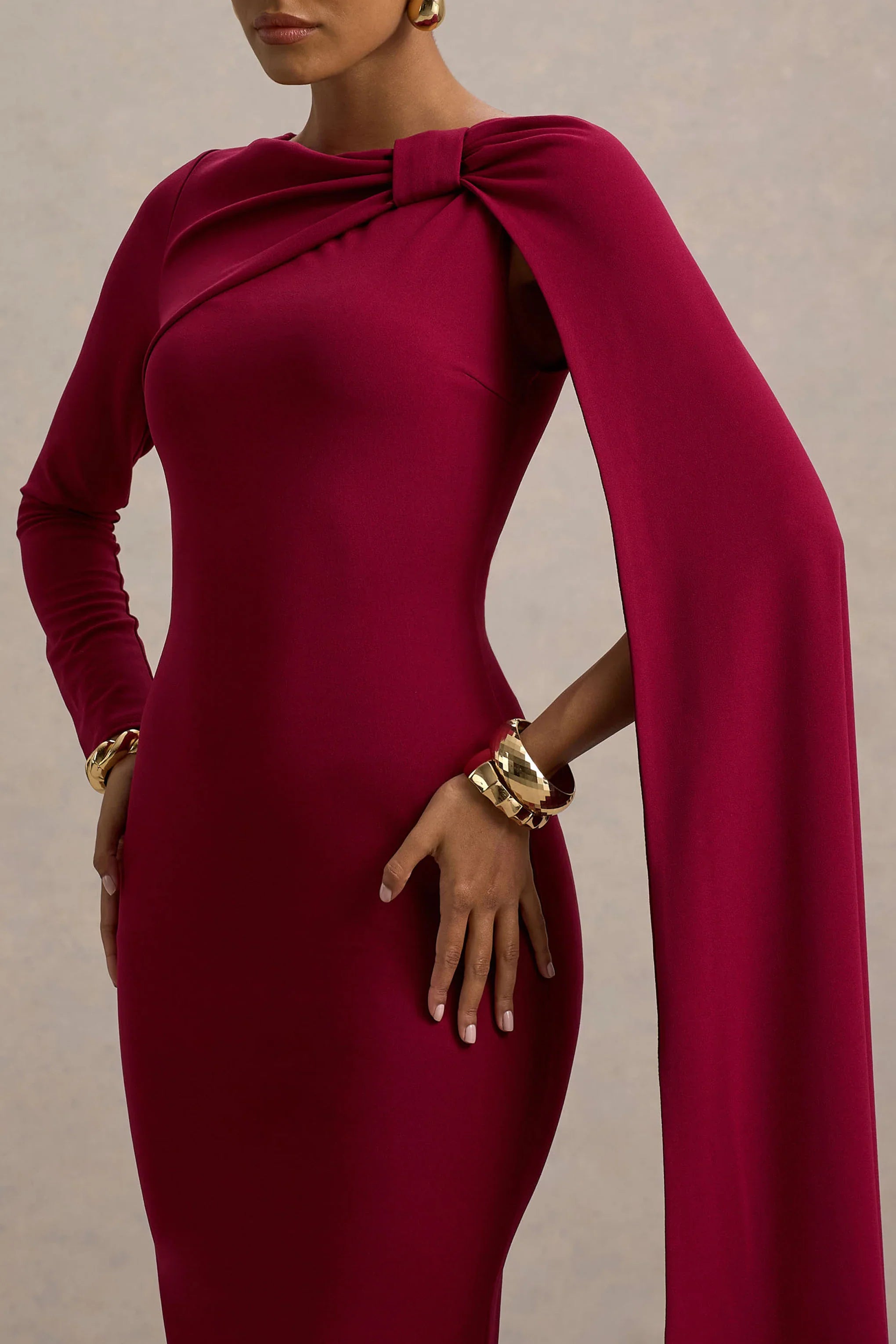 Frances Burgundy High Neck Maxi Dress With Cape Detail