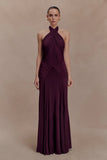 Indira Gathered Slinky Halter Maxi Dress Mahogany
