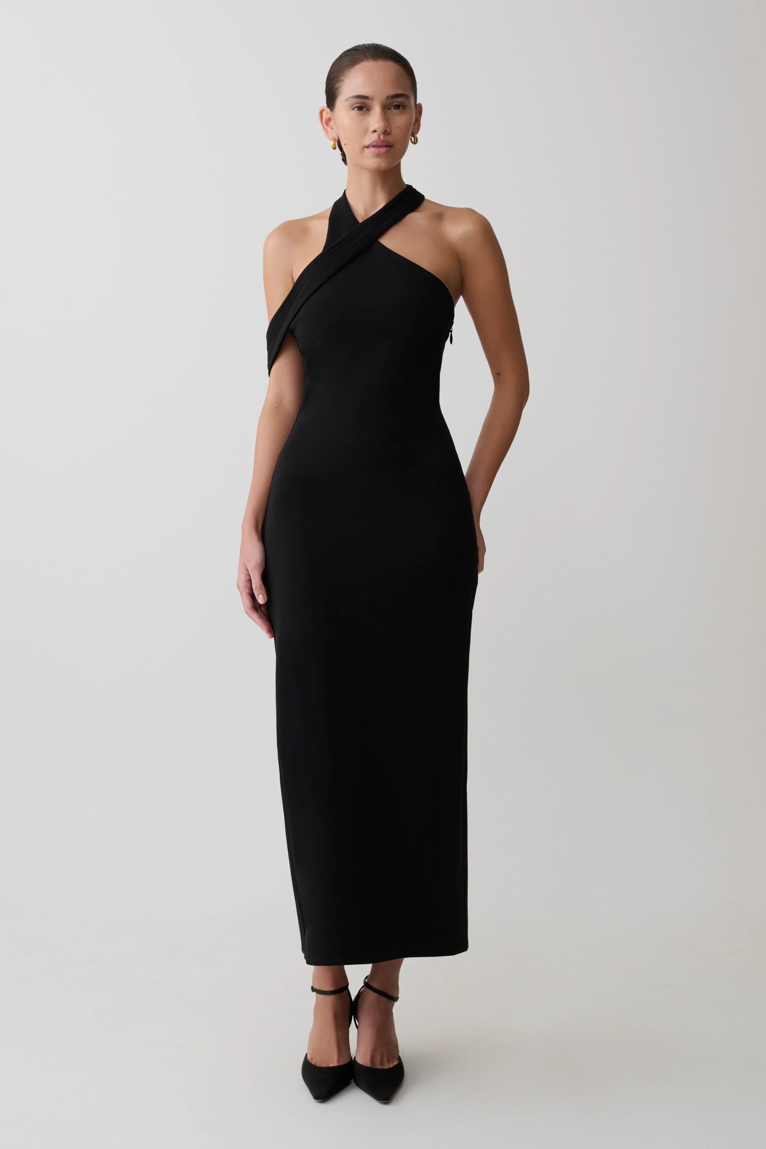 Sable Crossover Crepe Midi Dress Black