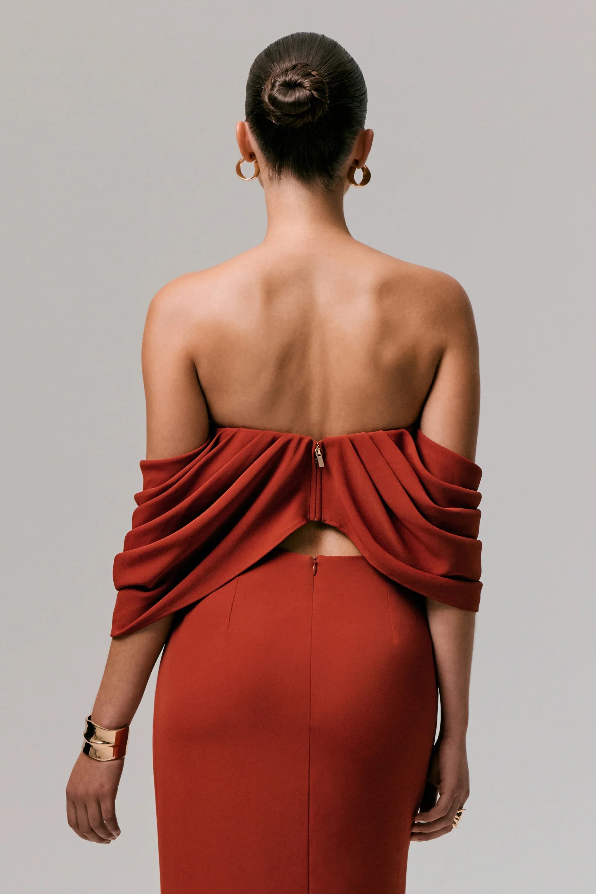 Talika Terracotta Bardot Crop Top With Draped Sleeves