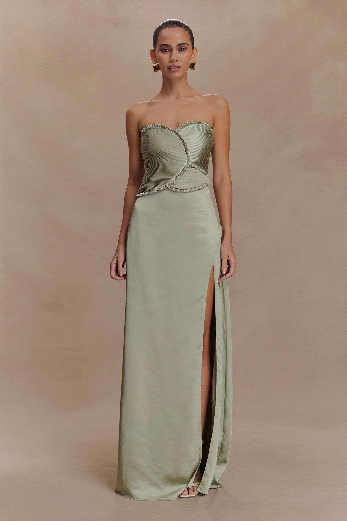 Larissa Satin Maxi Dress With Ruched Petals Sage