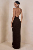 Ocealla Brown Plunge Neck Maxi Dress With Gathered Detailing