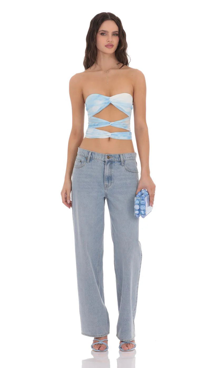 Tie Dye Mesh Cutout Strapless Top in Blue