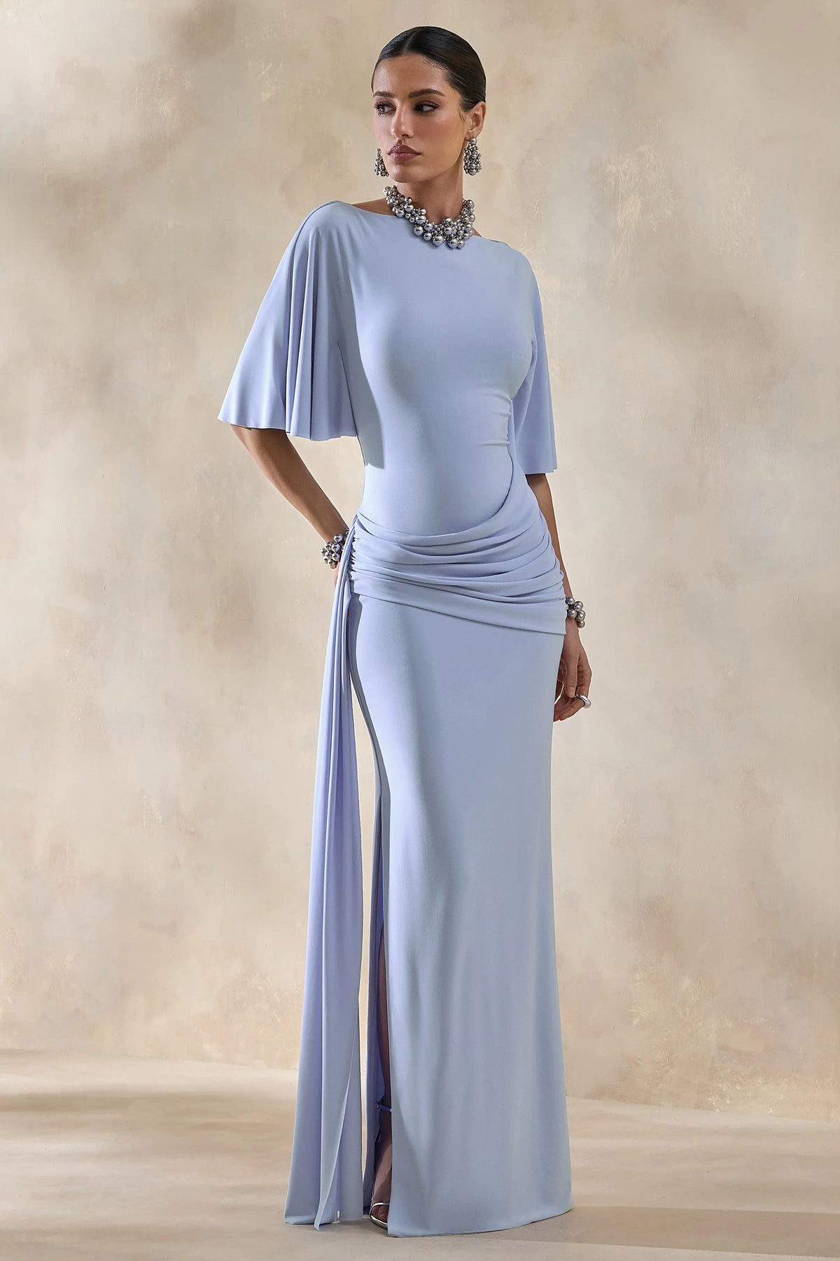 Emerelle Powder Blue Wide Neck Maxi Dress With Sash And Draped Detailing