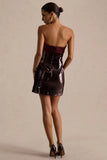 Casandra Burgundy Sequin Bandeau Mini Dress With Satin Trim