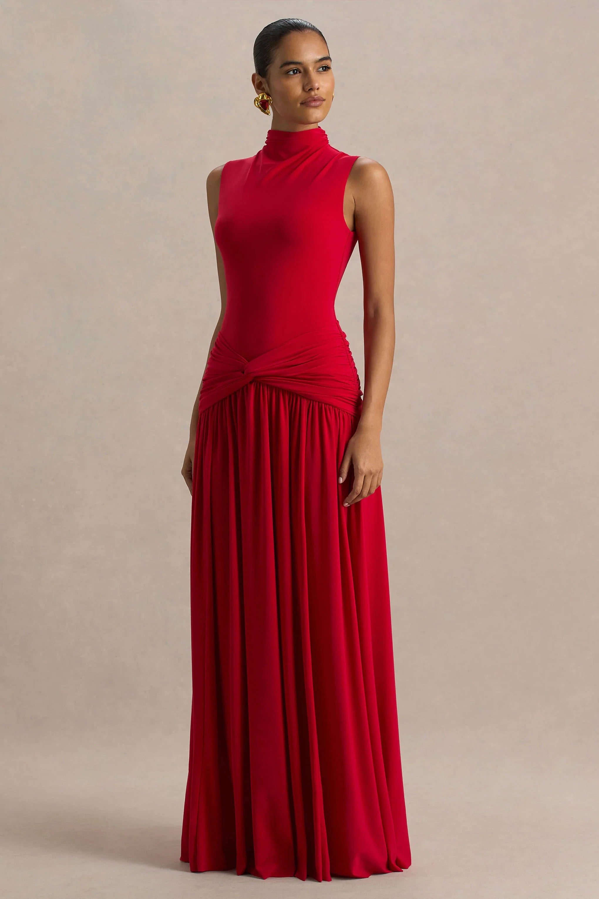 Cascade Red High Neck Maxi Dress With Twist Detail