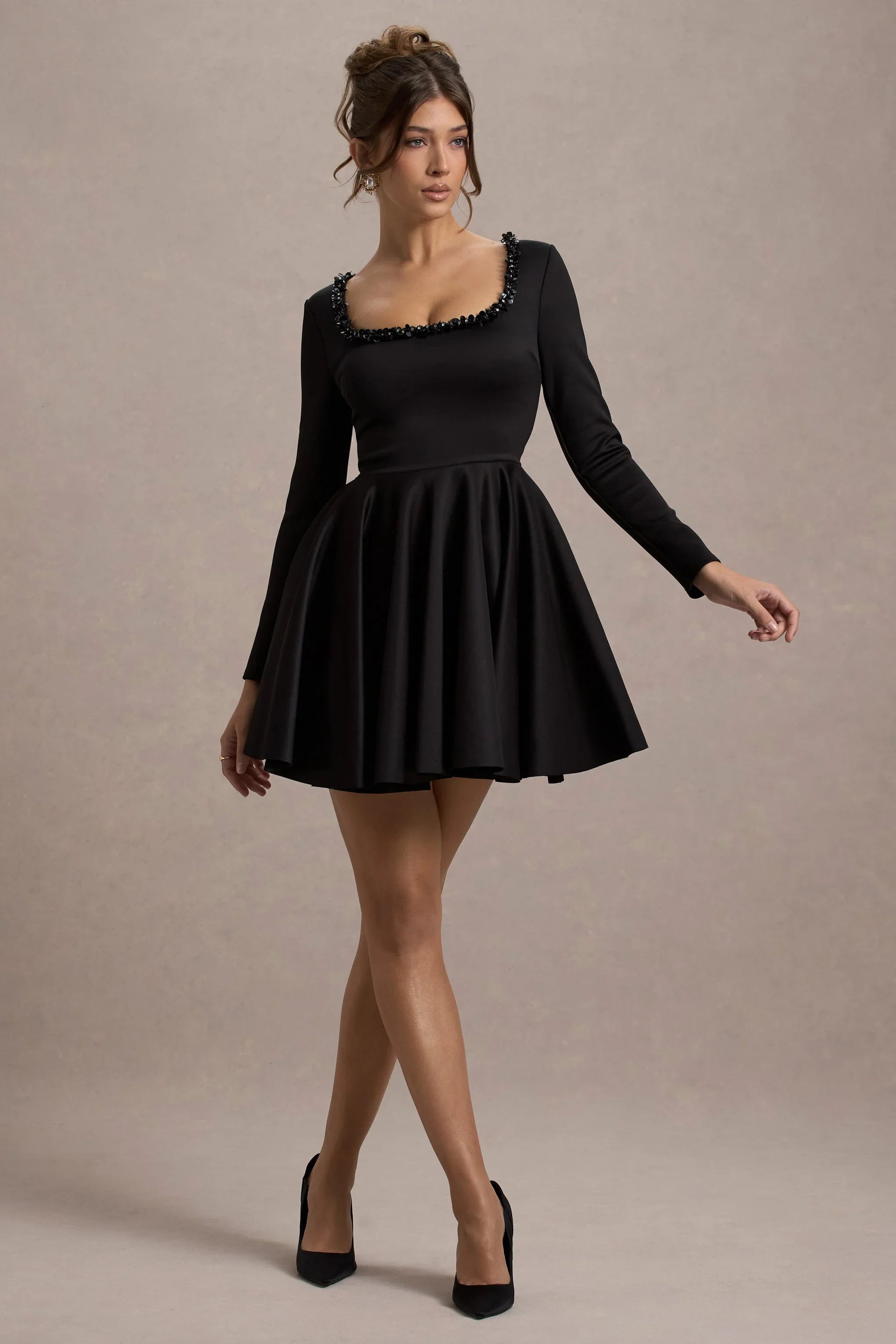 Wilder Black Embellished Square Neck Long Sleeve Skater Mini Dress