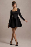 Wilder Black Embellished Square Neck Long Sleeve Skater Mini Dress