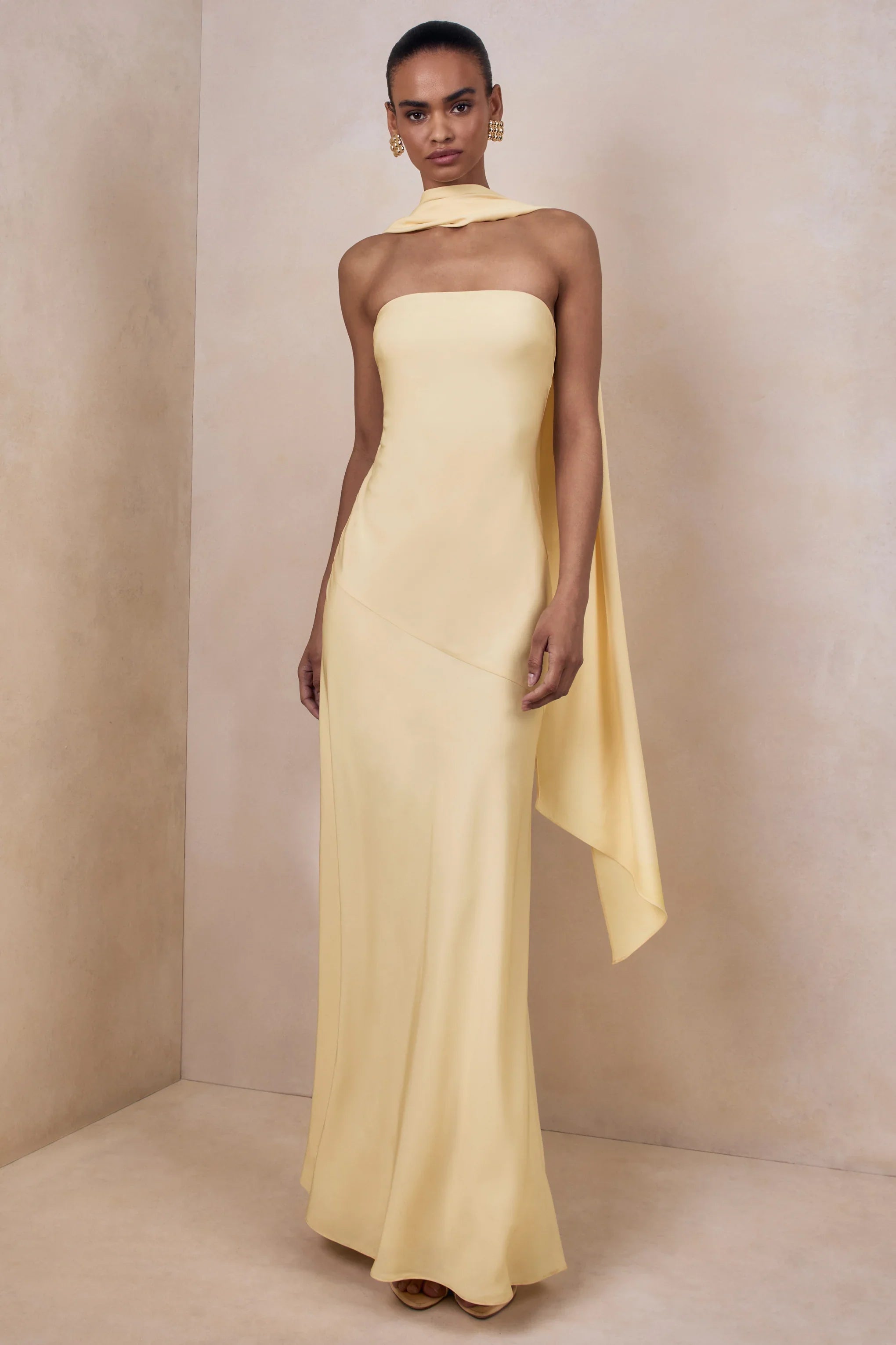 Charly Lemon Matte Satin Bandeau Maxi Dress With Scarf Detail