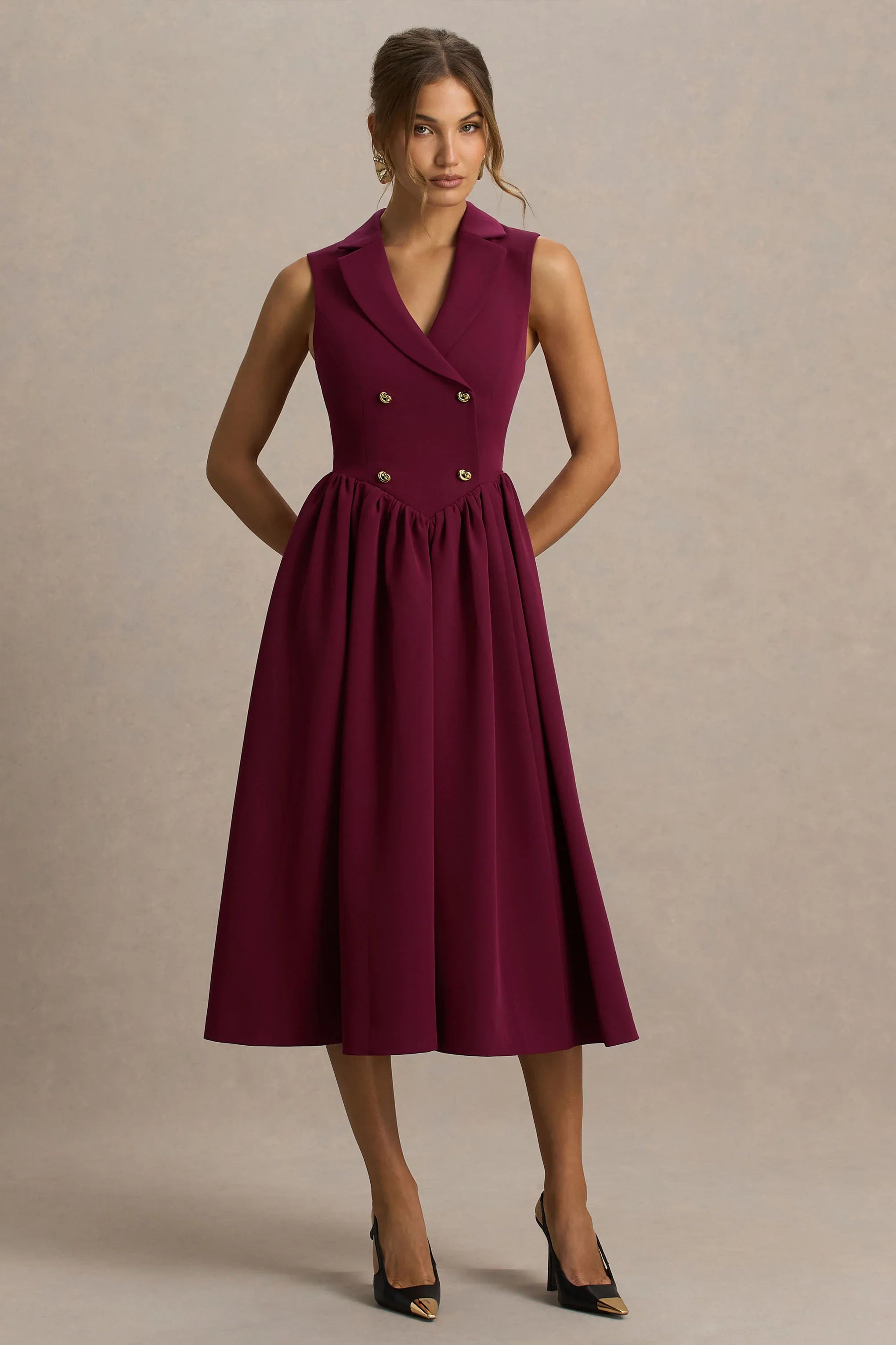 Lisa Burgundy Plunge Neck Tailored Midi Dress With Button Detailing