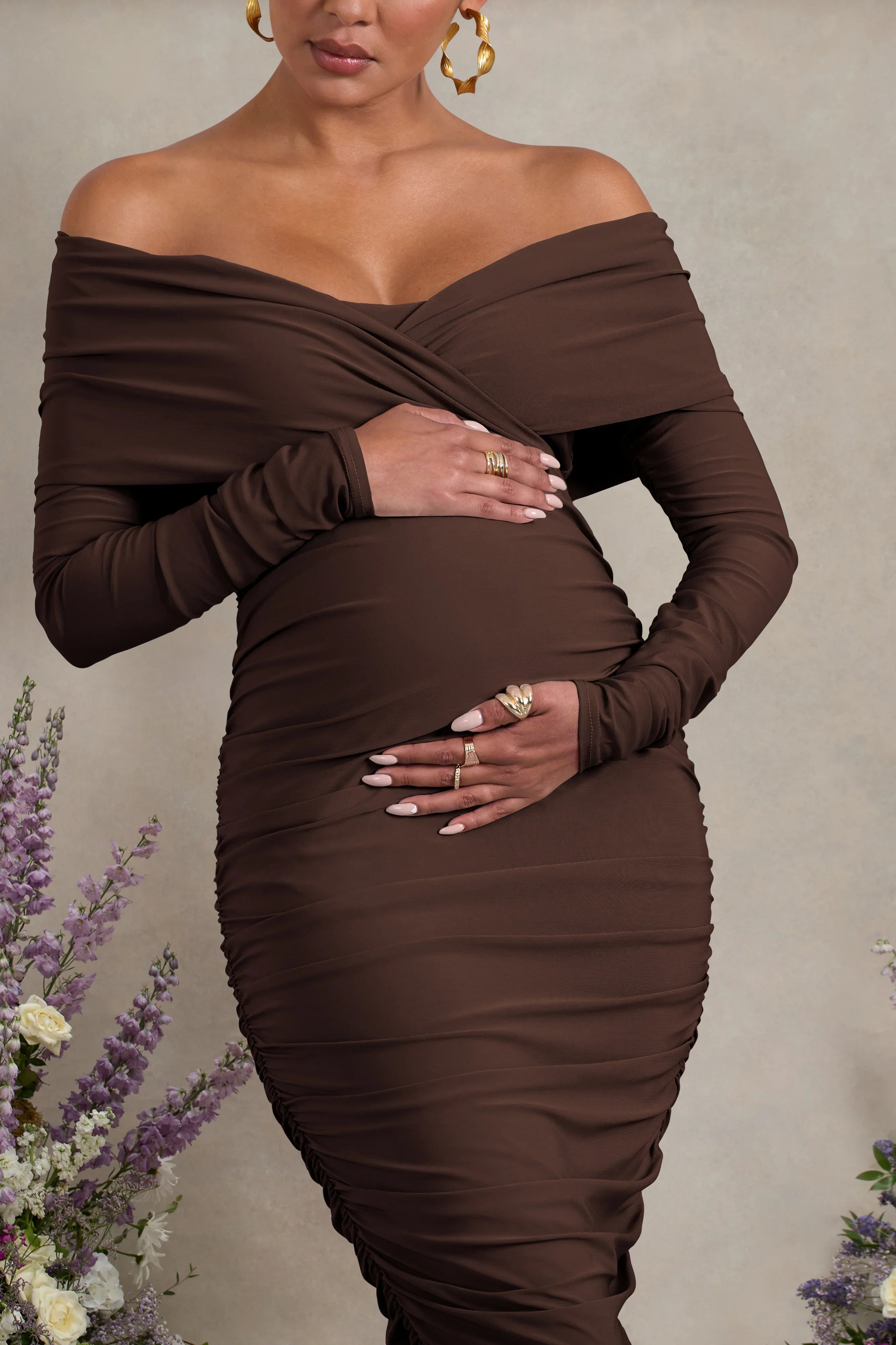 Davina Brown Ruched Twist Bardot Maternity Midi Dress