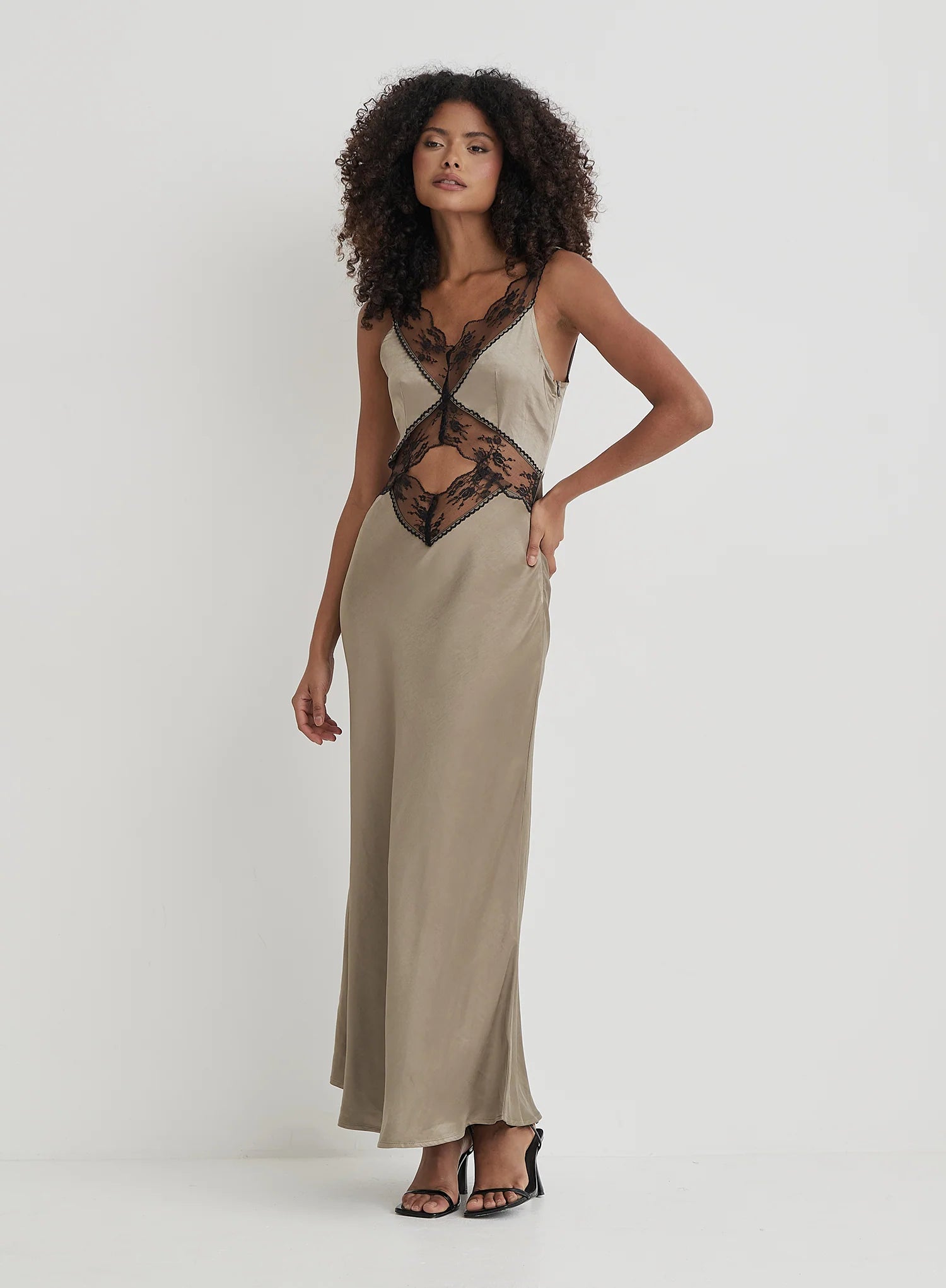 Khaki Satin Lace Slip Dress