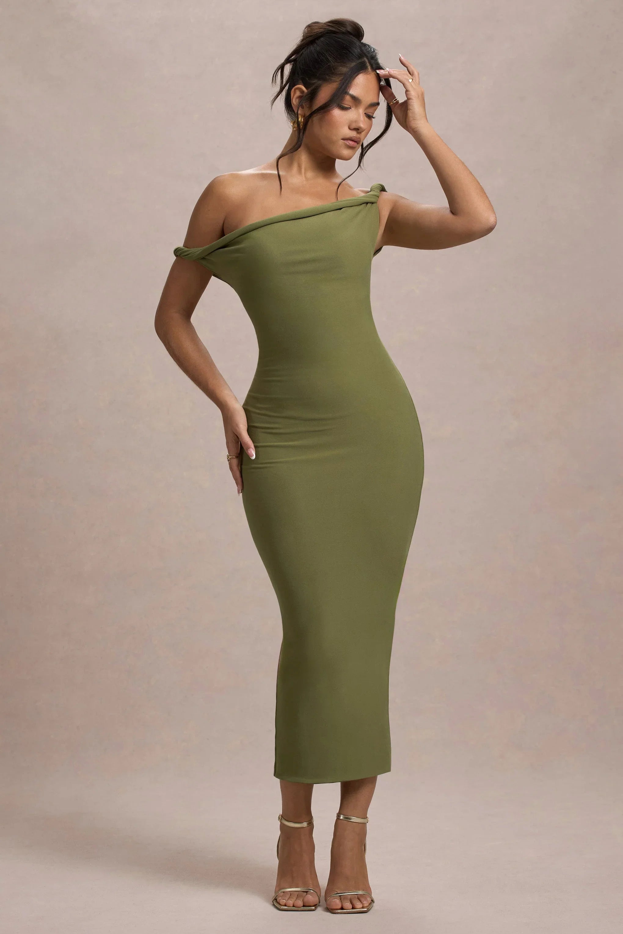 Salome Olive Twisted Asymmetric Midi Dress