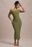 Salome Olive Twisted Asymmetric Midi Dress