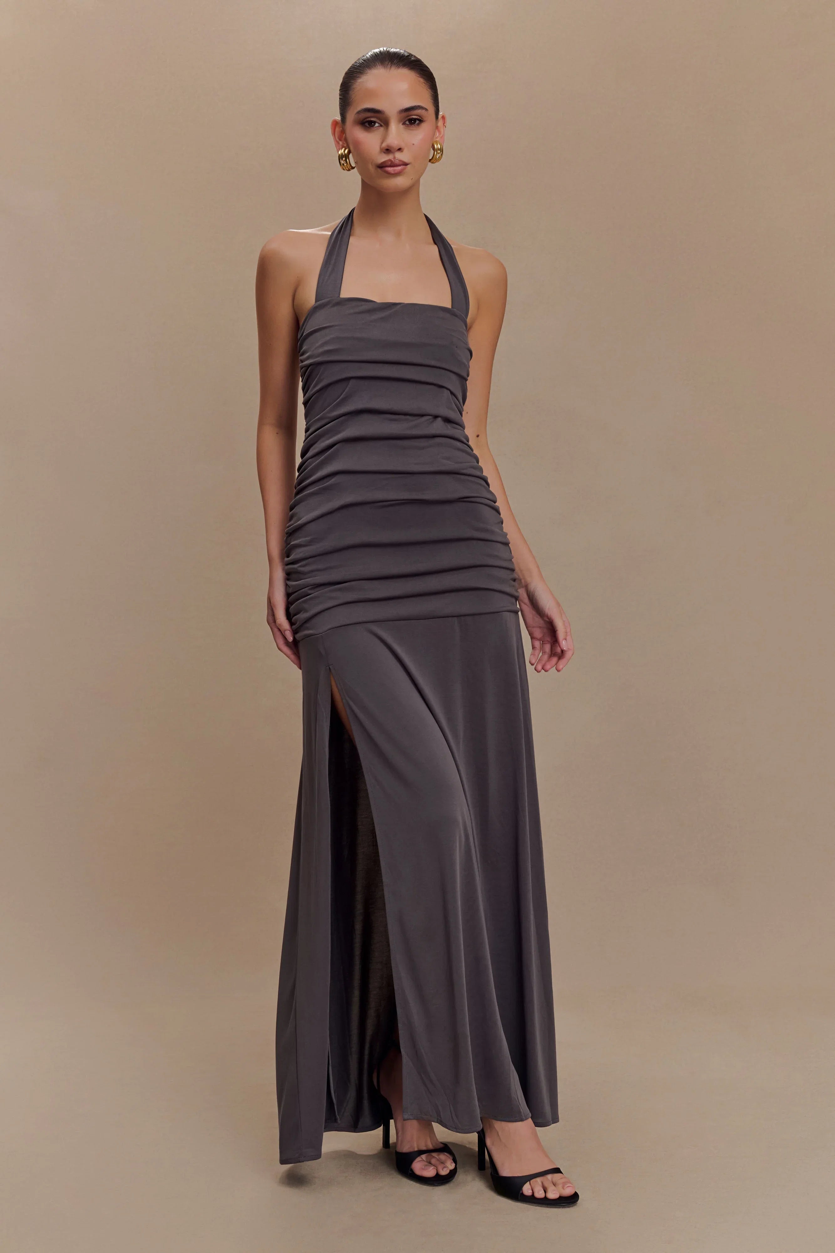 Bentley Peached Jersey Halter Maxi Dress Charcoal