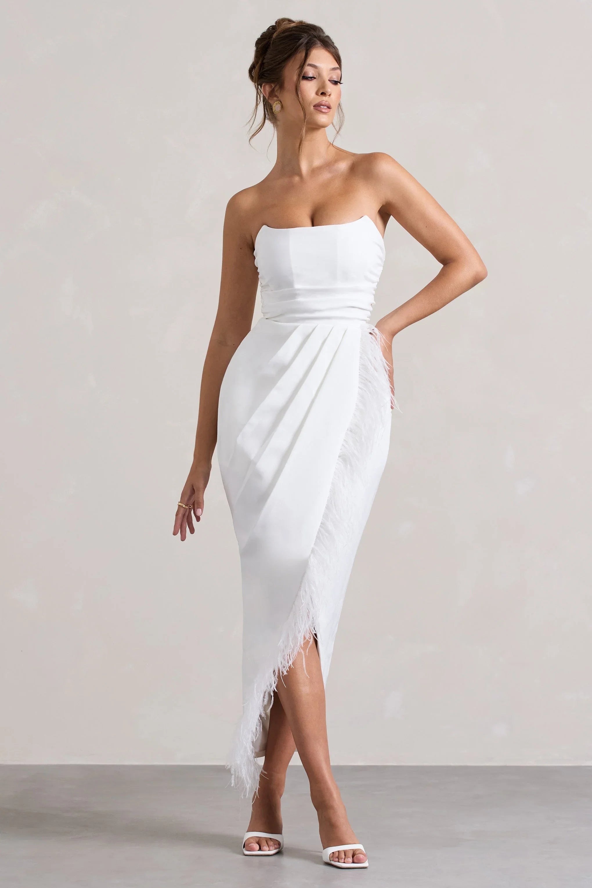 Chosen White Bandeau Wrap Maxi Dress With Feather Trim