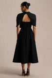 Thalia Black High Neck Midi Dress With Sheer Mesh Cape
