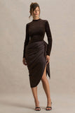 Sasha Brown Satin And Velvet Midi Dress With Wrap Detail