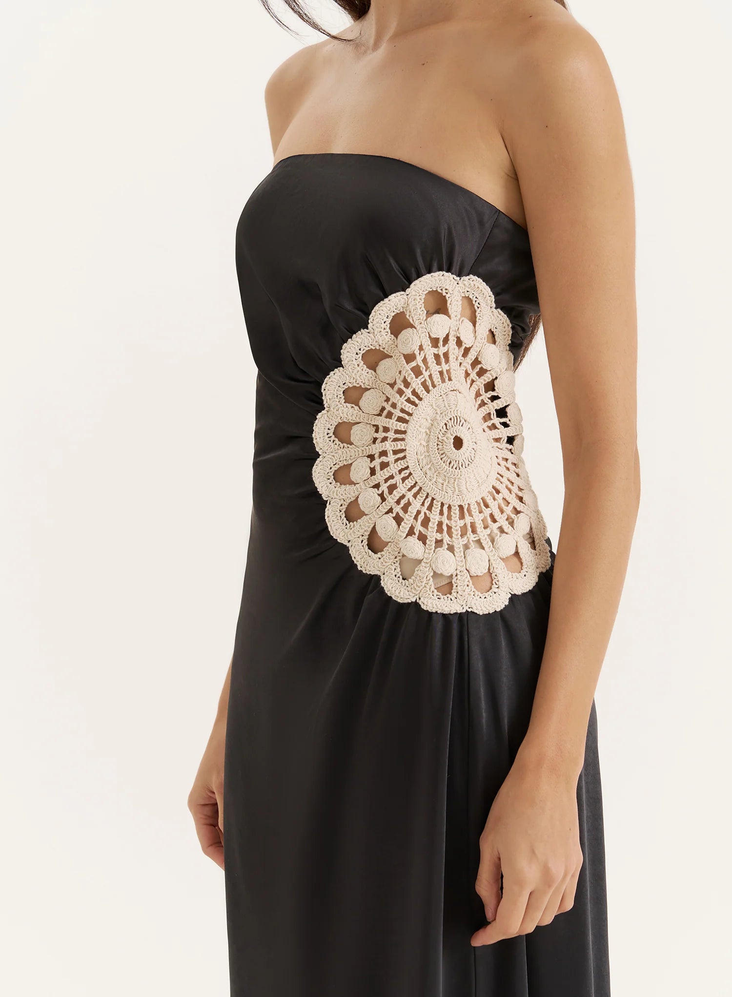 Black Crochet Insert Satin Bandeau Dress