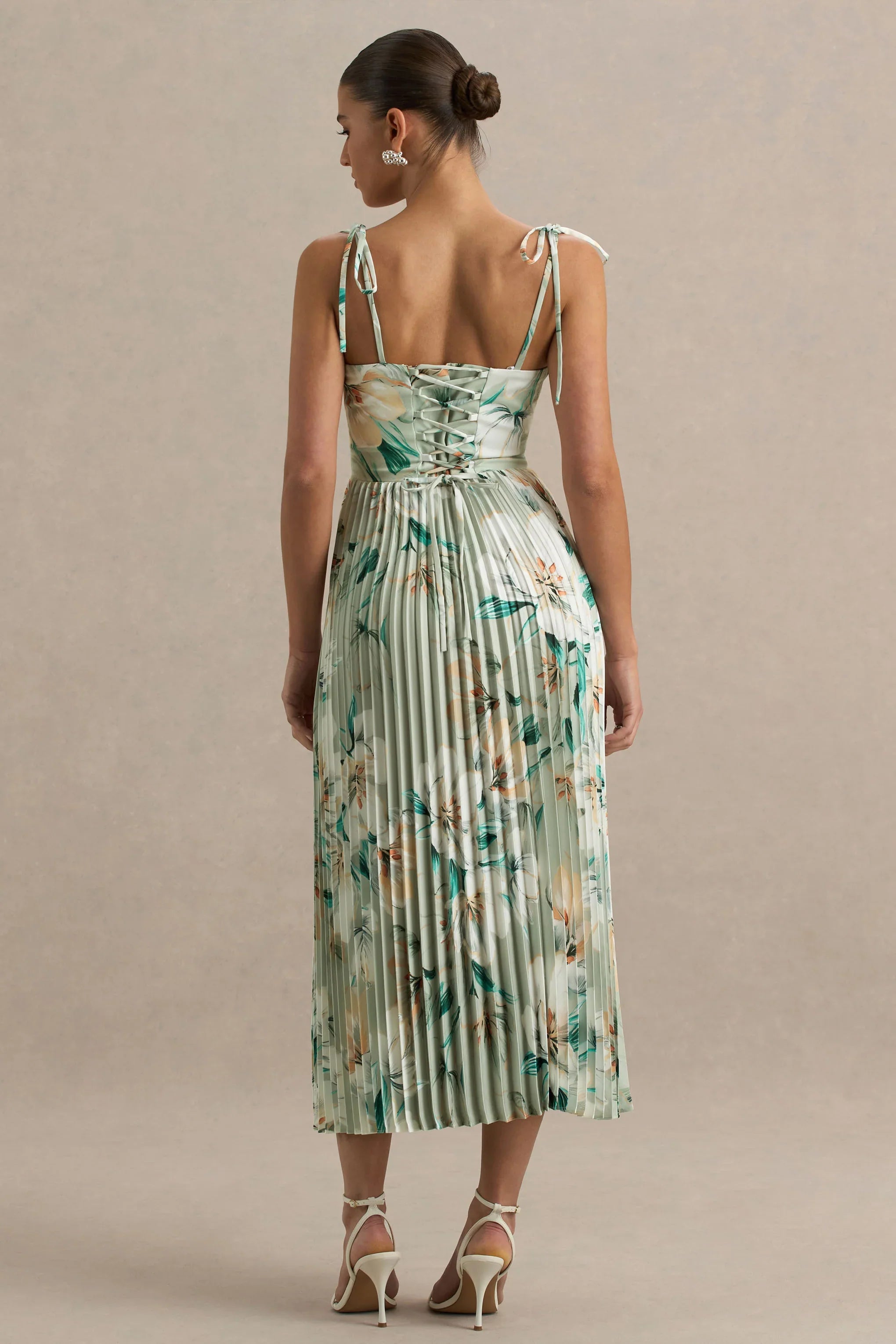 Peyton Green Floral Print Satin Sweetheart Neck Midi Dress With Pleated Details