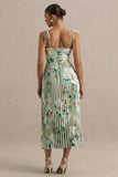 Peyton Green Floral Print Satin Sweetheart Neck Midi Dress With Pleated Details