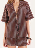 Chocolate Stripe Cotton Tie Front Short Sleeve Shirt