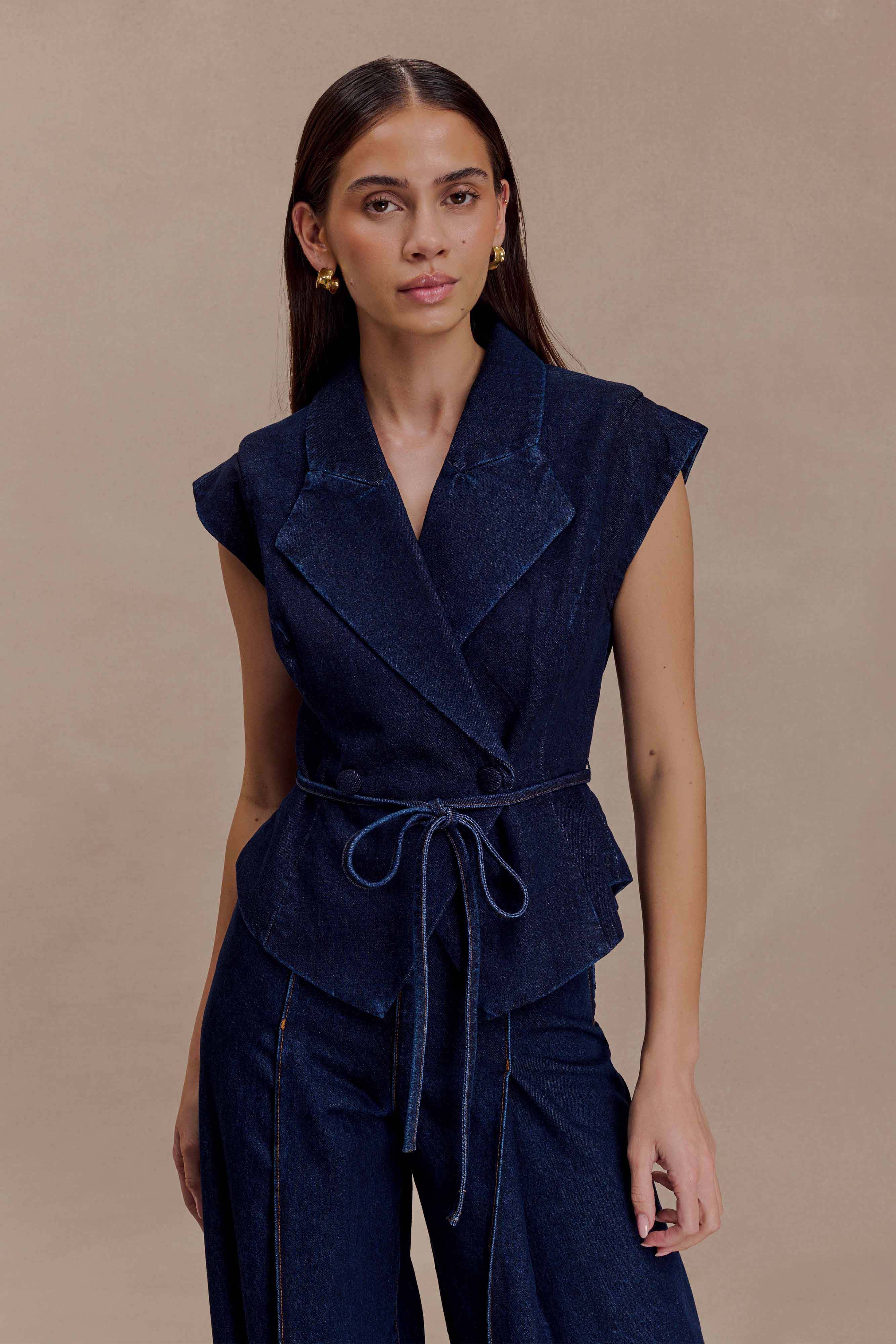 Charley Structured Tie Denim Top Indigo Blue