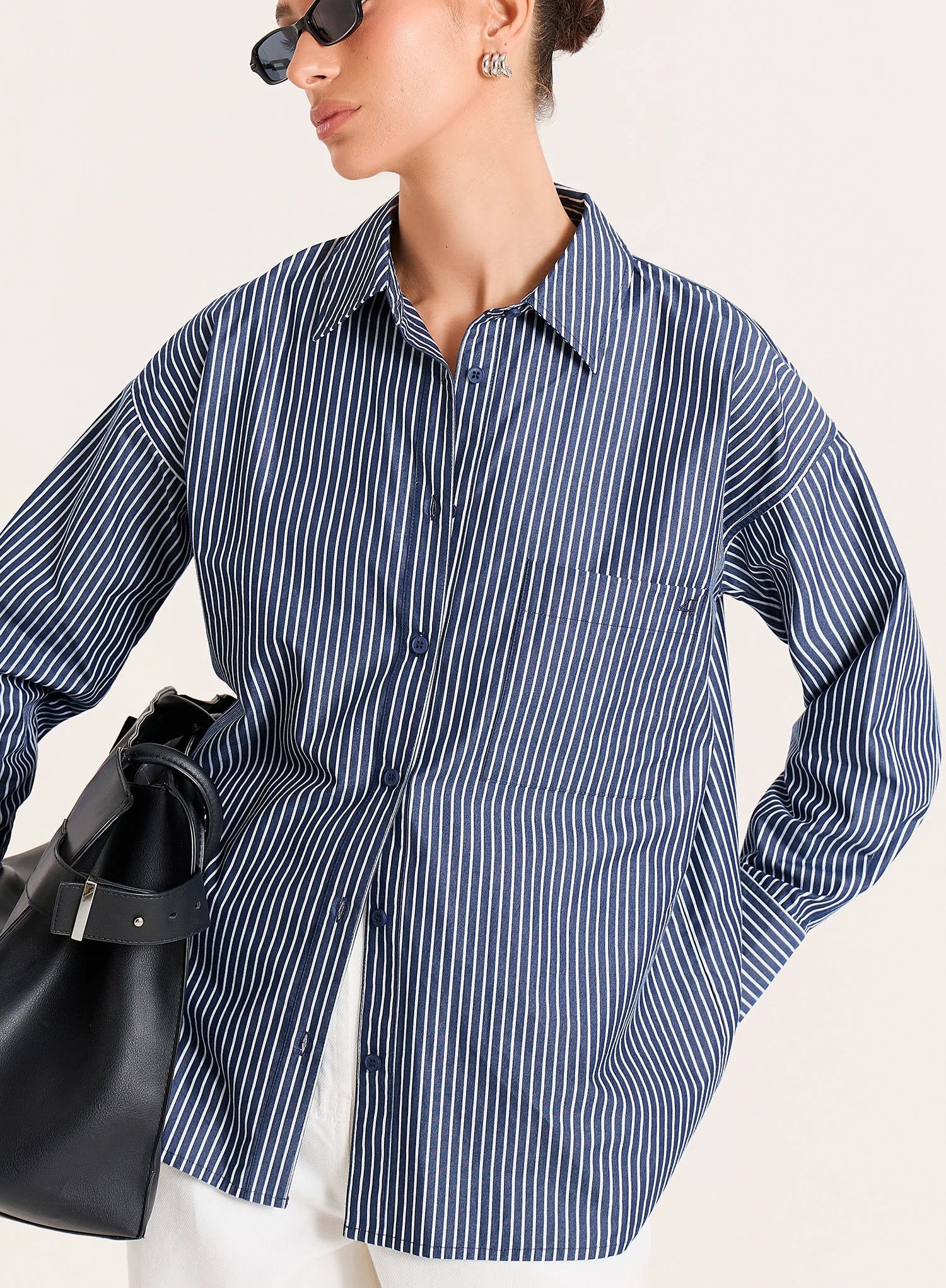 Navy And White Stripe Cotton Tie Back Detail Shirt