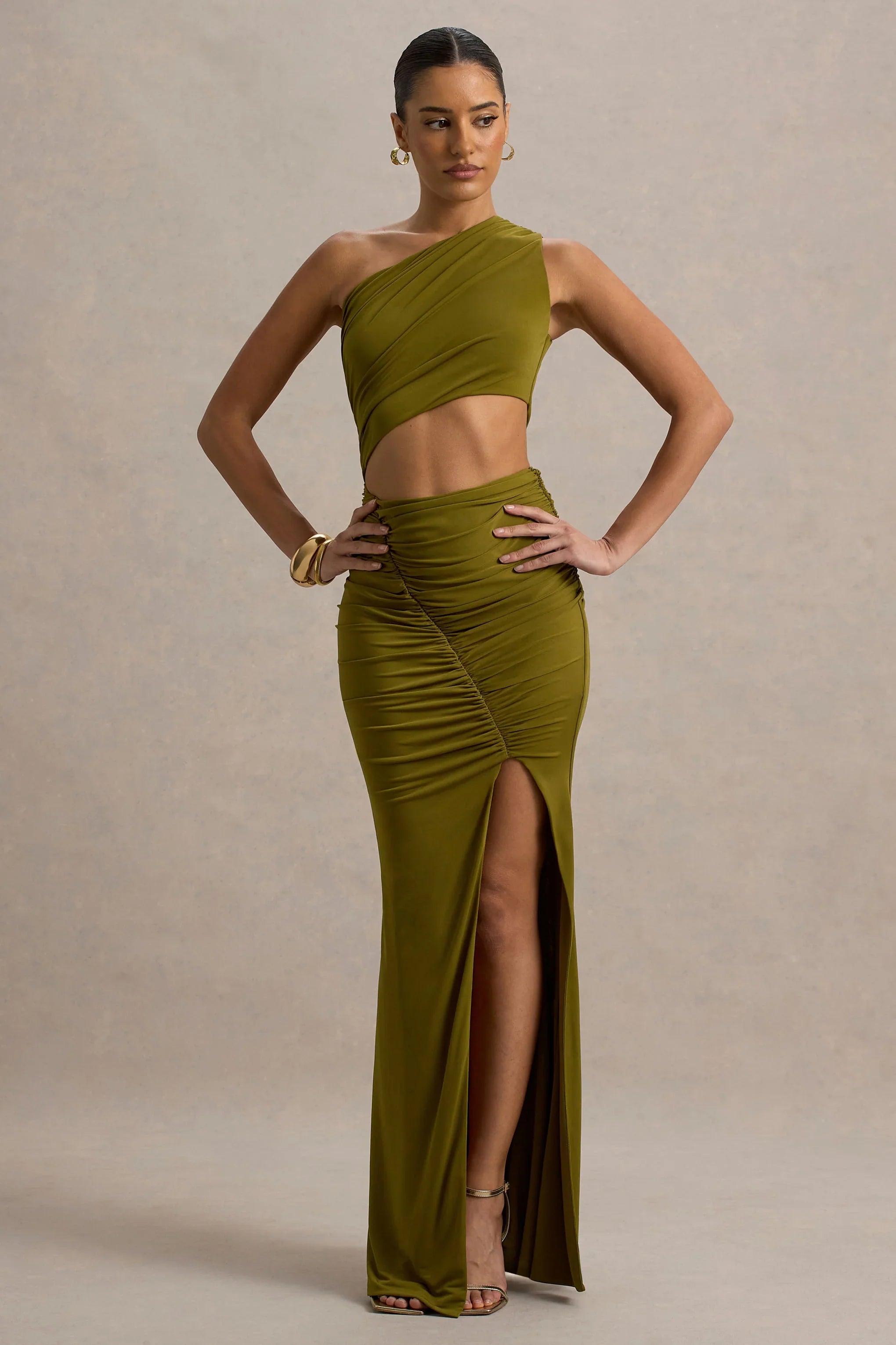 Sena Green Asymmetric Maxi Dress With Cut Out Details