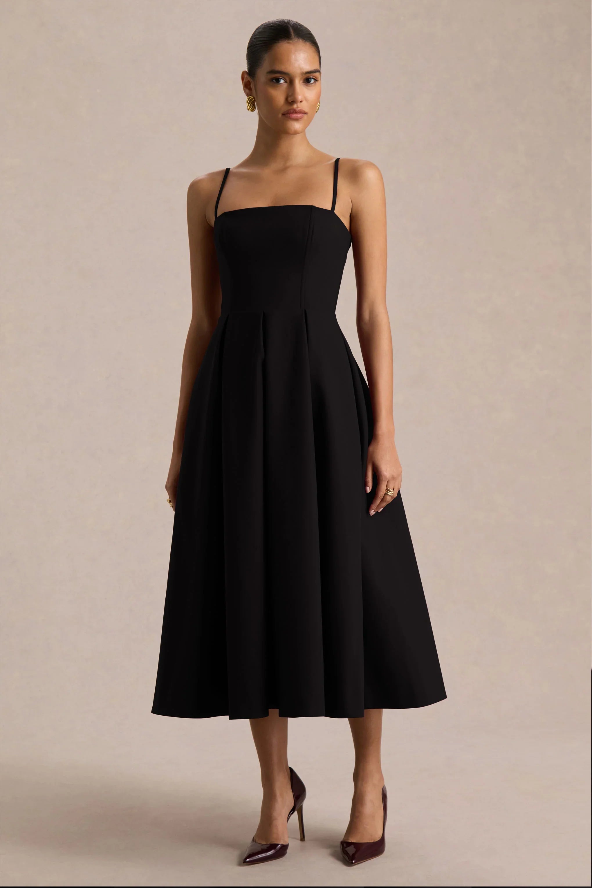 Thalia Black High Neck Midi Dress With Sheer Mesh Cape