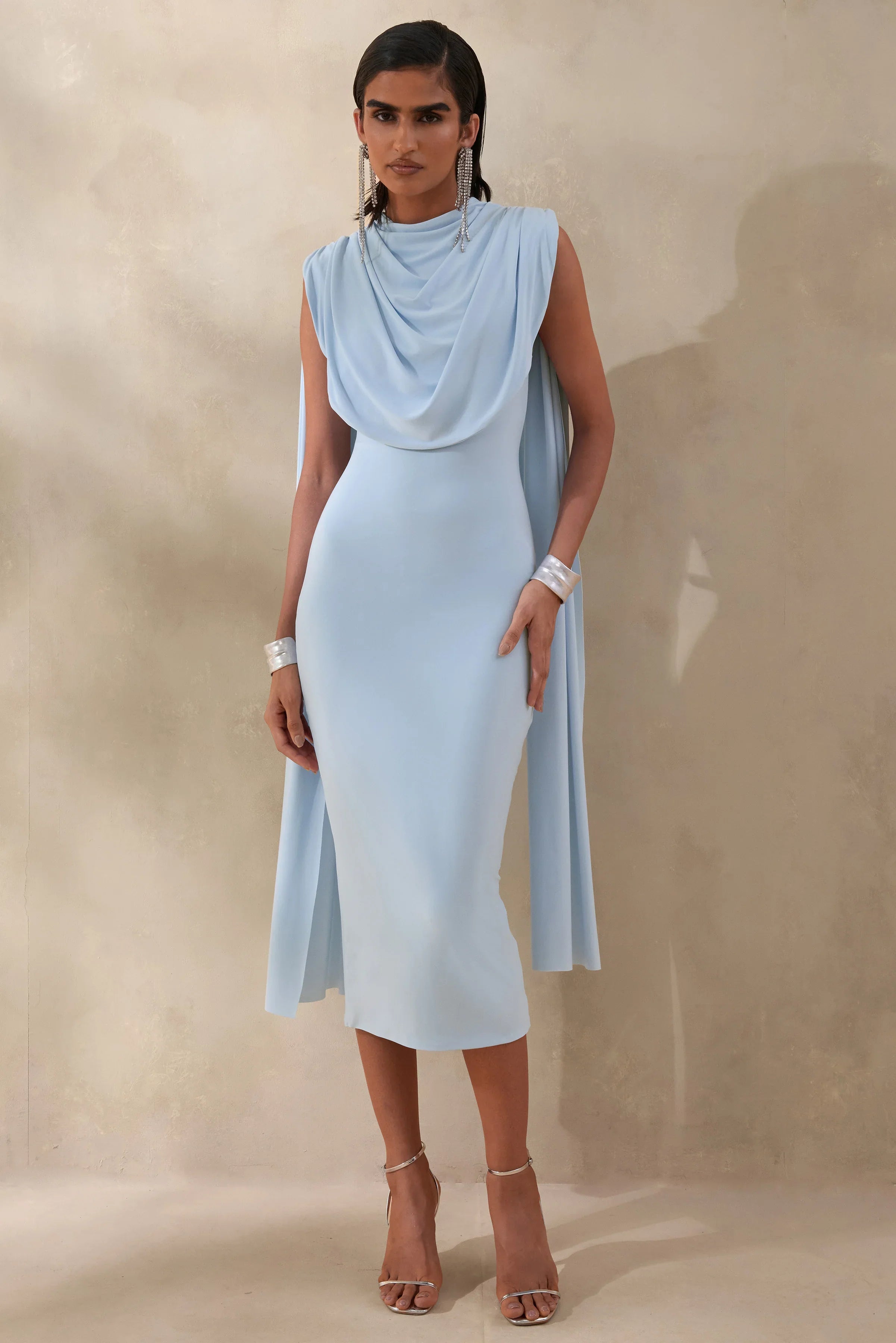 Lysandria Powder Blue High Neck Midi Dress With Draped Detailing