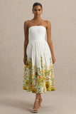Ivory Sunflower Print Bandeau High Low Midi Dress