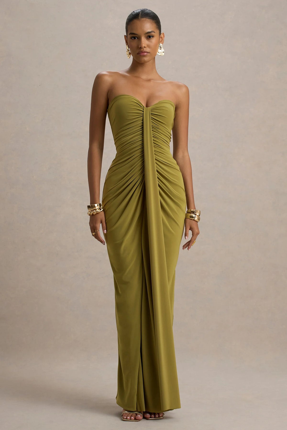 Ali Olive Sweetheart Ruched Wrap Maxi Dress