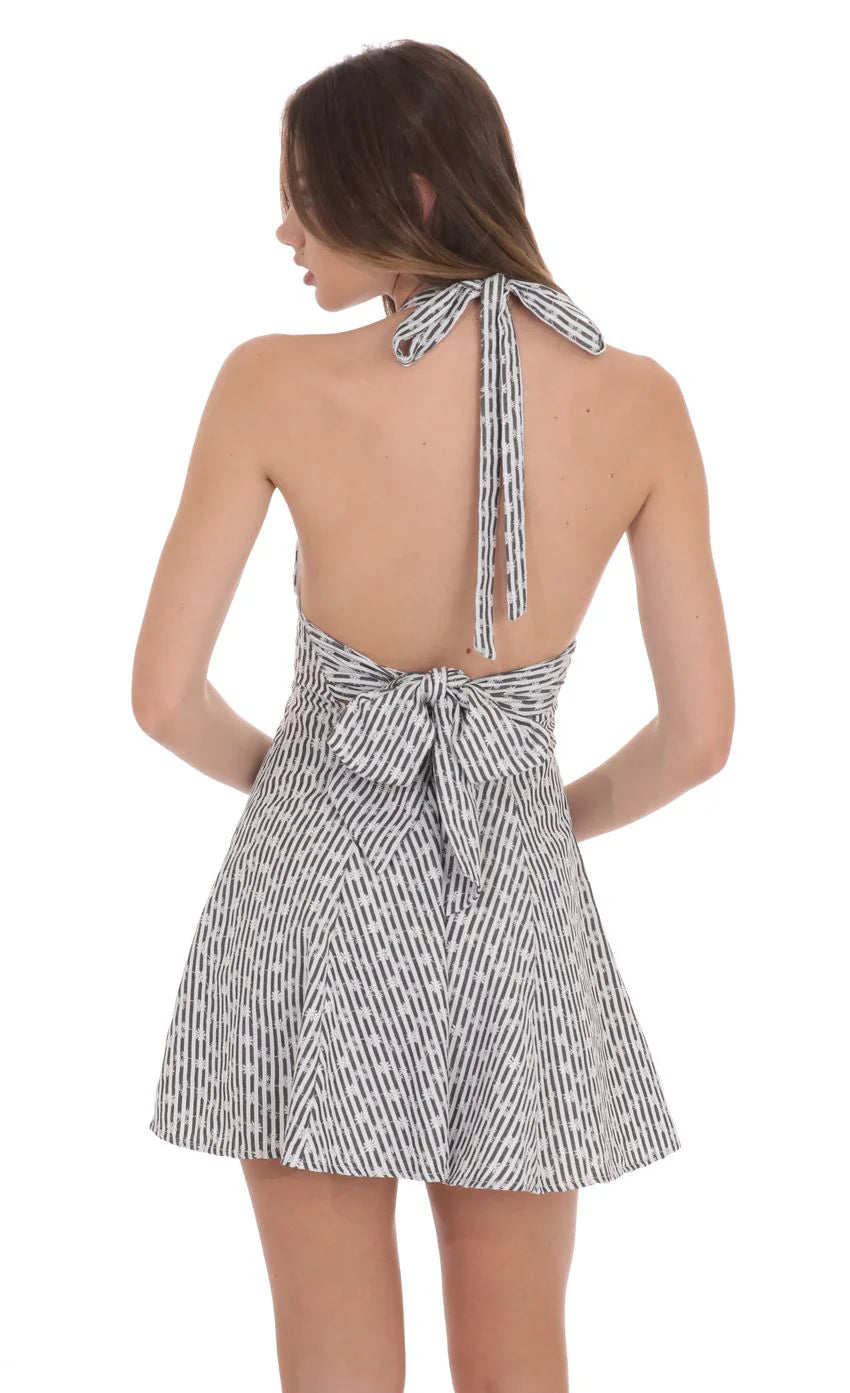 Floral Striped Halter Open Back Dress in Black and White