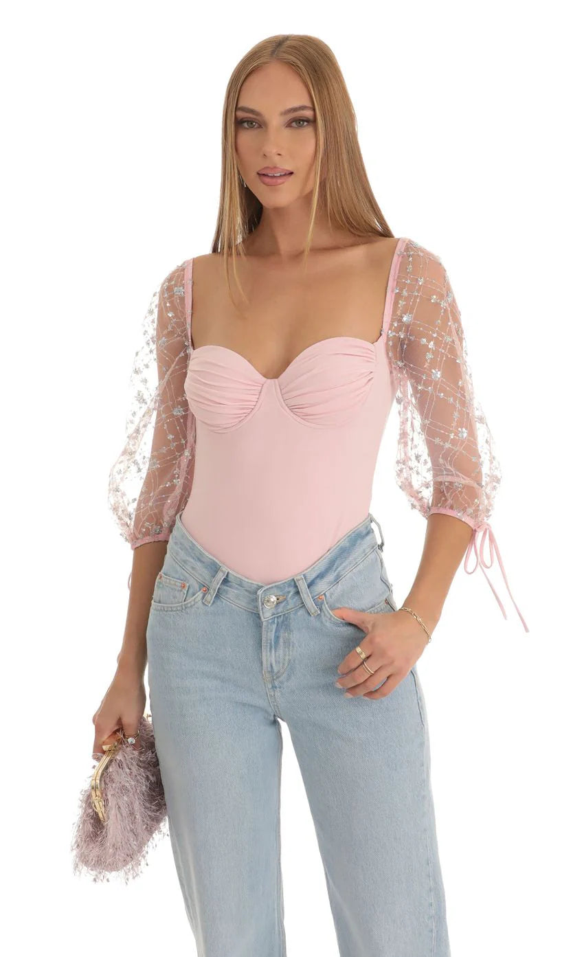 Sequin Puff Sleeve Bodysuit in Pink