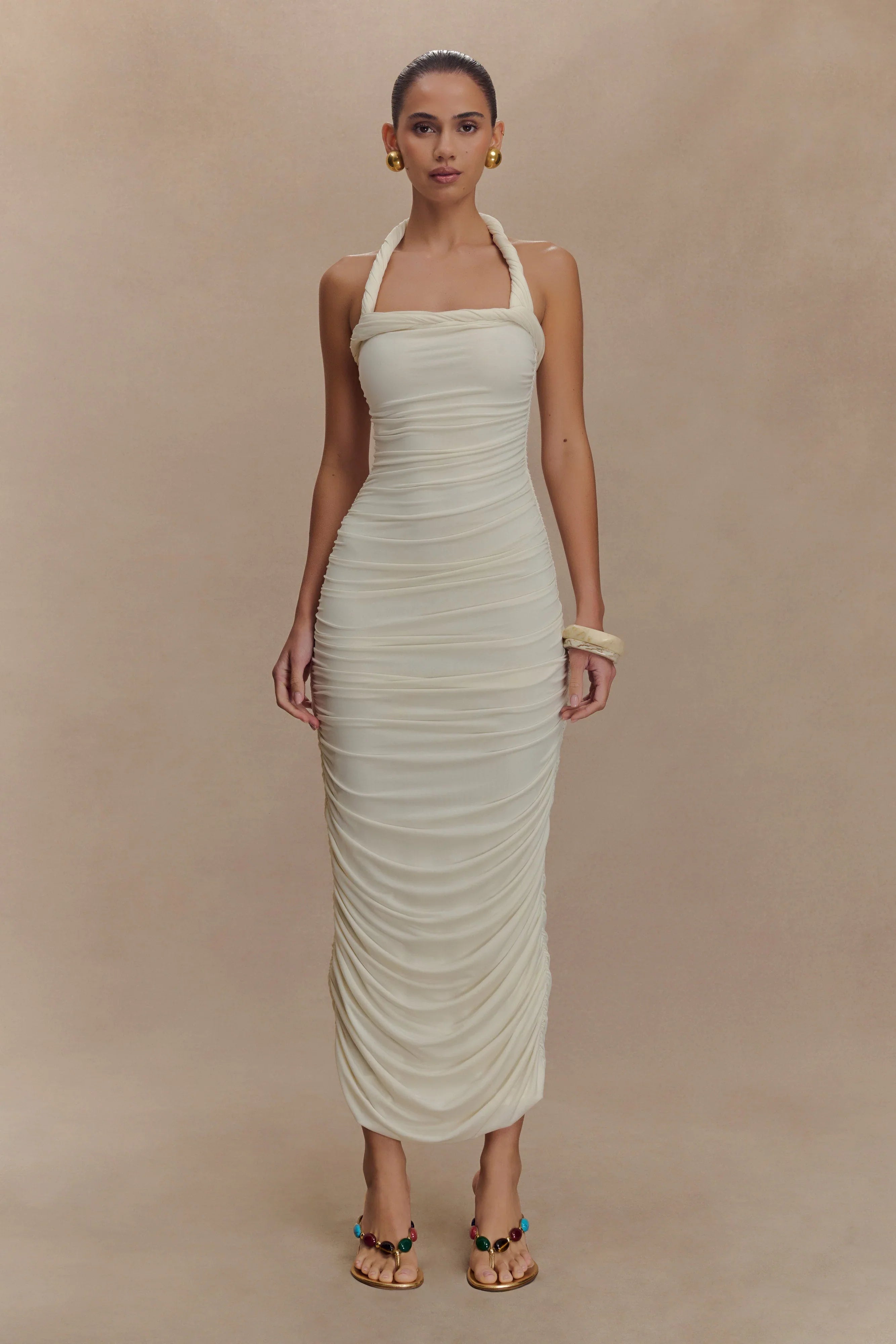 Camila Ruched Halter Midi Dress Ivory