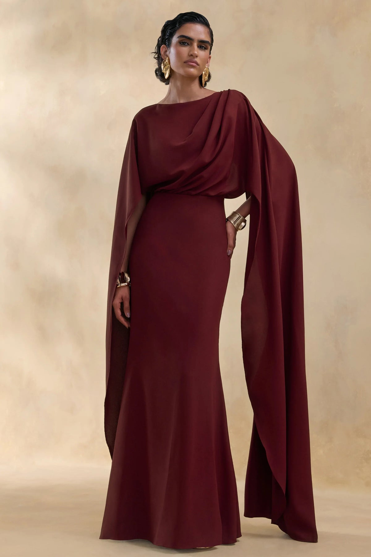 Pristina Burgundy Boat Neck Woven Maxi Dress With Cape Detail