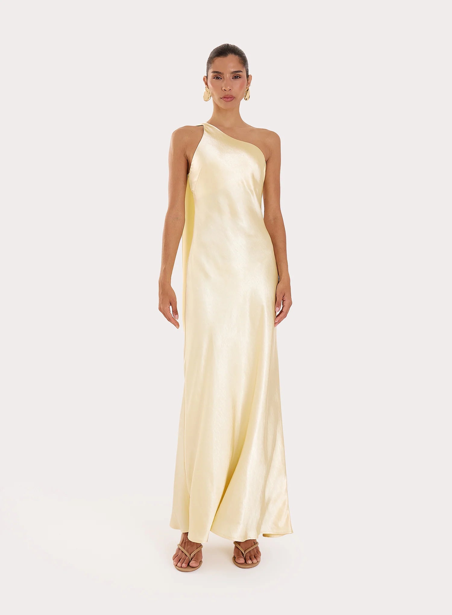 Lemon Satin One Shoulder Maxi Dress