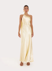 Lemon Satin One Shoulder Maxi Dress