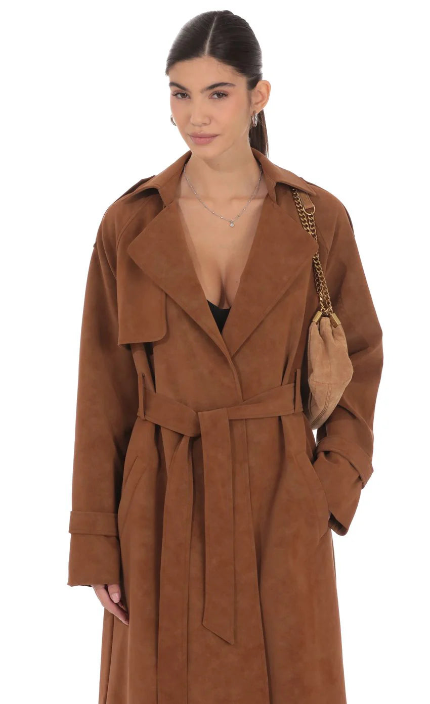 Faux Leather Trench Coat in Camel